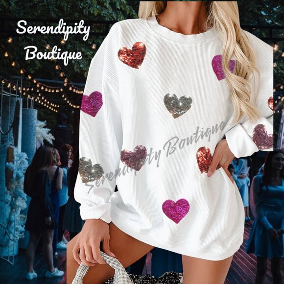 Serendipity Boutique Tops - Soft Cozy Slouchy Ribbed Drop Shoulders Long Sleeve Hearts Oversized Sweatshirt